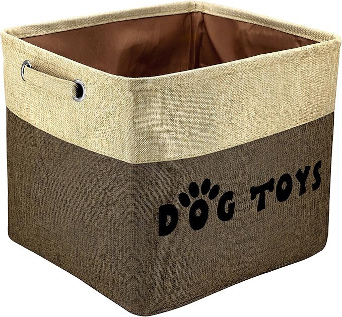 PET ARTIST Dog Toy Basket, Collapsible Dog Toy Bin Box with Comfortable Handles, Large Pet Toy Storage Basket Organizer for Accessories, Toys,Coat & Clothing,Blanket Leash (Brown, L:15"x13"x12")