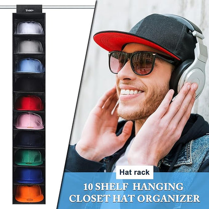 VAESIDA Hat Rack for Closet, 10 Shelf Hanging Hat Organizer for Baseball Caps Storage, Hat Holder Organizer for Hat Display, Best Space Saving Hat Racks for Baseball Cap Organizer, Black