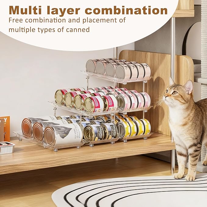 Jsyrjing Cat Food Can Organizer, Can Organizer for Pantry, Modular 3 Tier Adjustable Pet Can Organizer Rack for Large Soup and Beverage Cans, Clear Canned Goods Holder for Pantry and Fridge
