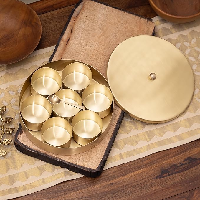 Veda Essentials. Handcrafted Brass Masala Box with 7 Compartments and a Spoon - Indian Spice Organizer with Embossed Lid | Premium Brass Masala Daani (Plain Lid with Matt Finish)