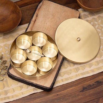 Veda Essentials. Handcrafted Brass Masala Box with 7 Compartments and a Spoon - Indian Spice Organizer with Embossed Lid | Premium Brass Masala Daani (Plain Lid with Matt Finish)