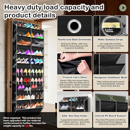 Kotkn 10-Tier Over the Door Shoe Organizer, 20 Pockets Holds 20-30 Pairs, Heavy-Duty Oxford Fabric with Hexagon Mesh for Boots & Sneakers-Black