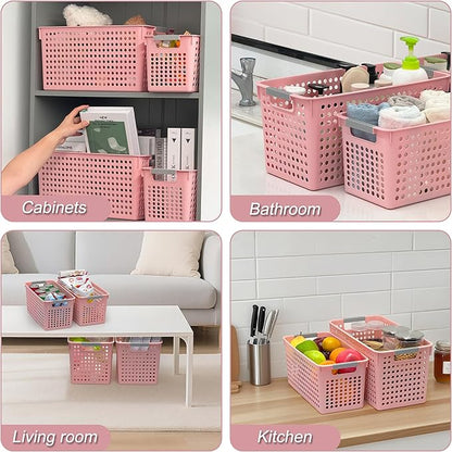 Soddeph Slim Plastic Storage Basket with Handles, Narrow Organizer box for Shelves, Organizer box for Organizing, Kitchen,Home,Office (Pink, Large)