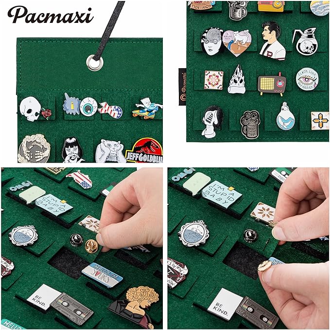 PACMAXI Hanging Brooch Pin Organizer, Display Pins Storage Case, Brooch Collection Storage Holder, Holds Up to 96 Pins.(Not Include Any Accessories) (S-96 Slots, Green, Small)