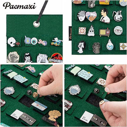 PACMAXI Hanging Brooch Pin Organizer, Display Pins Storage Case, Brooch Collection Storage Holder, Holds Up to 96 Pins.(Not Include Any Accessories) (S-96 Slots, Green, Small)