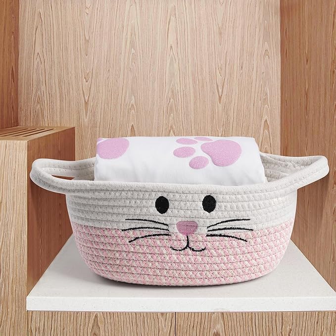 STOBSK Small Woven Baskets for Organizing with Handle Cute Cotton Basket for Nursery Gift Dog Cat Toy Storage Basket for Toy Organizer-Pink