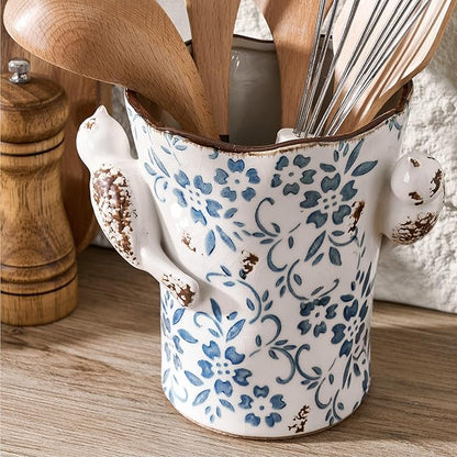 6.34"H Utensil Holder for Kitchen Counter, Modern Farmhouse Cooking Utensil Holder and Crock Home Kitchen Decor, Ceramic Utensil Organizer for Spatula, Ladle, Eggbeater, Rolling Pin- Blue and White