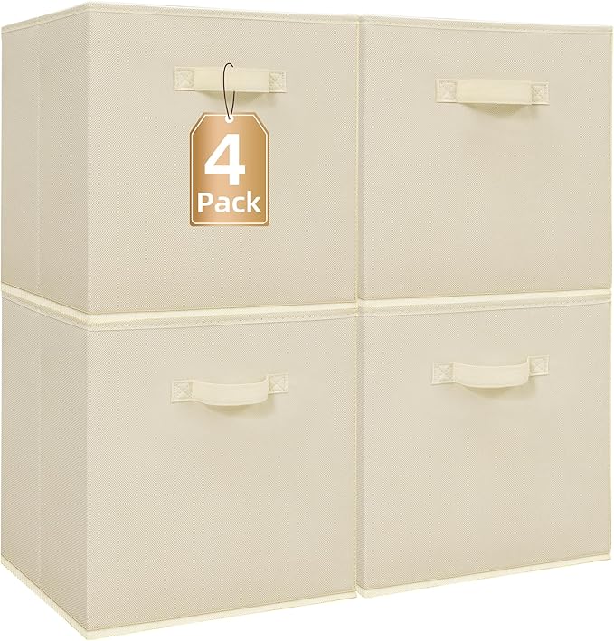 STORAGE MANIAC Storage Cubes, 13 Inch Collapsible Storage Bins with Handles, 4 Pack Fabric Foldable Bins for Organization, Durable Storage Bins for Closet, Shelves, Offices, Toys, 4-Pack Beige
