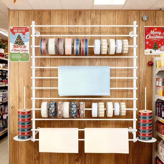 12 Layers 120cm White Wall Display Stand Wrapping Paper Ribbon Organizer Holder Storage Scarf Tie Belt Towel Spool Sewing Tool Hijab Metal Shelving for Home, Retail Stores, Flower Shop, Studio