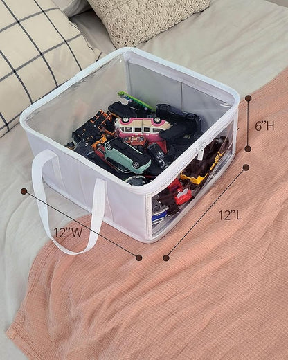 holay 2 Pack Foldable PVC Storage Bins with Transparent Lid & Handles, 12 x 12 x 6 Inch Organizer Boxes for Clothes, Toys & Books (White, Medium)