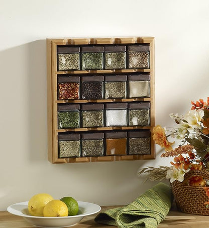 Kamenstein 16 Jar Bamboo 3-in-1 Spice Organizer for Countertop, Wall, and Drawer with Spices Included, FREE Spice Refills for 5 Years, Lift & Pour Caps