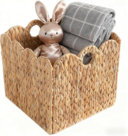 Scalloped Wicker Storage Cubes Basket, 12”x12“ Heavy Duty Paper rope/Hyacinth/Seagrass Baskets for Shelves, Foldable Natural Boho Square Bins (Water Hyacinth&10.5 x 10.5 x 10.5in&4-Pack)