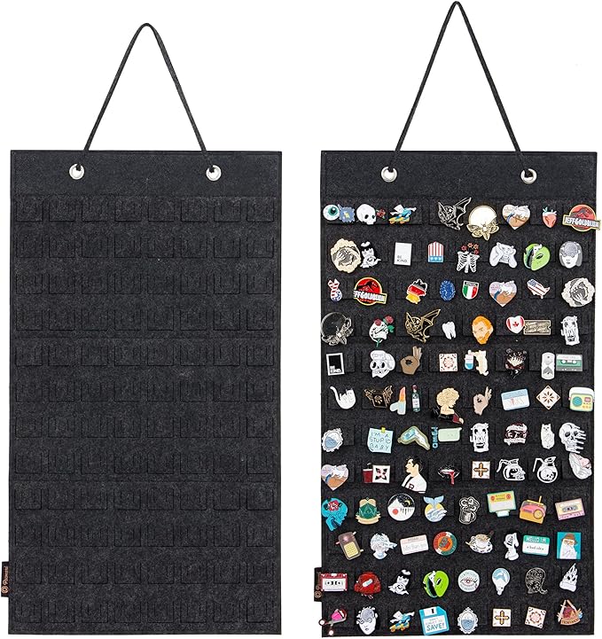 PACMAXI Hanging Brooch Pin Organizer, Display Pins Storage Case, Brooch Collection Storage Holder, Holds Up to 96 Pins.(Not Include Any Accessories) (S-96 Slots, Dark gray, Small)