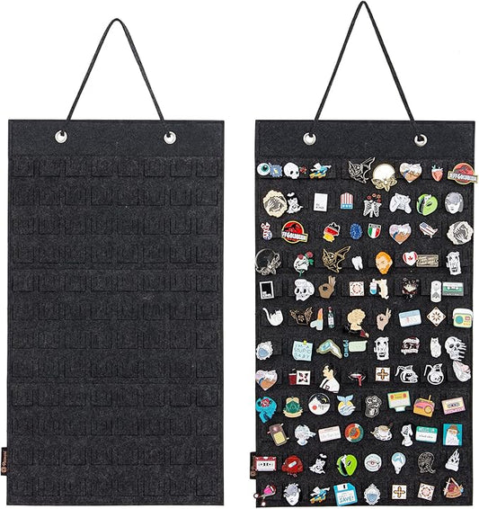 PACMAXI Hanging Brooch Pin Organizer, Display Pins Storage Case, Brooch Collection Storage Holder, Holds Up to 96 Pins.(Not Include Any Accessories) (S-96 Slots, Dark gray, Small)
