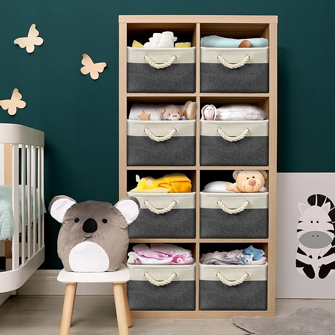Simple Houseware 15.7" x 12" Wide & Low Fabric Storage Bin for Shallow Gaps and Closet, Braided Handles, 3 Pack, Dark Gray