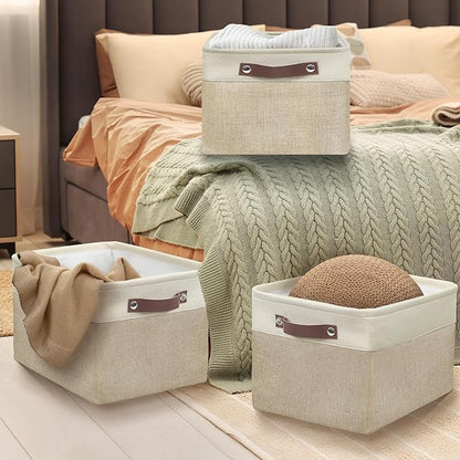 Simple Houseware 15" x 11" Large Fabric Storage Bin for Closet and Shelves, Leather Like Handles, 3 Pack, Beige