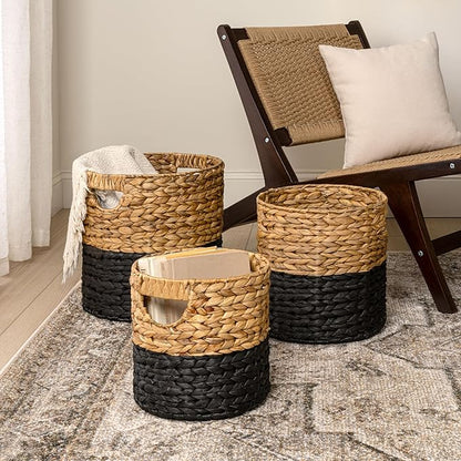 happimess BSK2011D-3SET Avery Bohemian Cottage Handwoven Hyacinth Cylinder Nesting Baskets with Handles, Natural/Black (Set of 3)