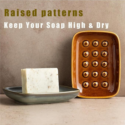 Miamolo Soap Dish for Shower, Ceramic Bar Soap Holder, Soap Saver Non-Slip, Decorative Sponge Tray for Bathroom Kitchen Sink Bathtub, Multi-Purpose, Raised Pattern - Keep Soap Dry, Brown