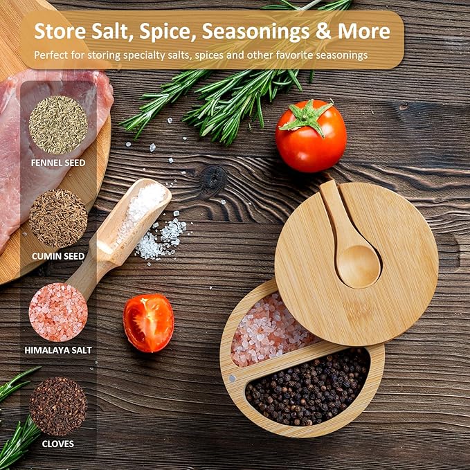 OUTNILI 2-Compartment Salt Box with Lid and Spoon, Bamboo Salt Cellar with Swivel Lid, Salt and Pepper Bowls for Salt & Spices, Dual 6 oz Salt Container