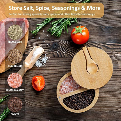 OUTNILI 2-Compartment Salt Box with Lid and Spoon, Bamboo Salt Cellar with Swivel Lid, Salt and Pepper Bowls for Salt & Spices, Dual 6 oz Salt Container