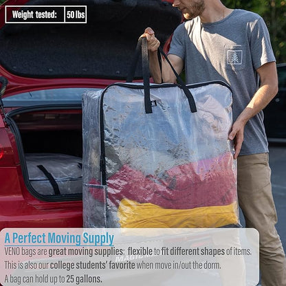 VENO 8 Pack Heavy-Duty Moving Bundle (4 Pack Extra-Large Moving Bag w/Backpack Straps + 4 Pack Over-Sized Clear Organizer Storage Bag)