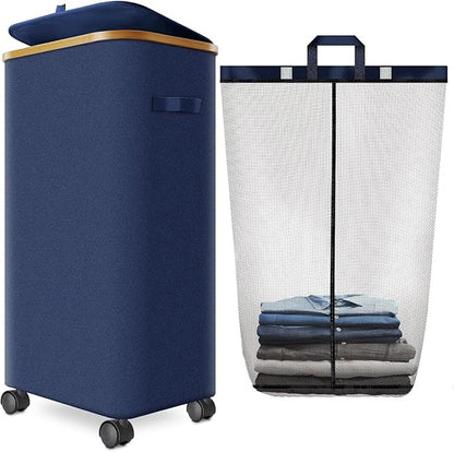 Laundry Hamper with Wheels, 110L Large Clothes Hamper with Removable Inner Bag, Collapsible Dirty Clothes Basket for Dorm, Rolling Dirty Clothes Basket for, Bedroom, Bathroom, Laundry Room