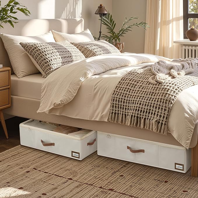 StorageWorks Under Bed Storage with Wheels, 10" Underbed Storage Containers with Lid, 90L Clothes Organizer for Blankets, Sweaters, Bedding, 2-Pack, Beige