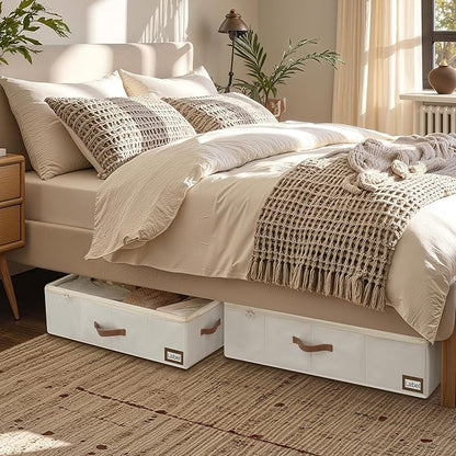 StorageWorks Under Bed Storage with Wheels, 10" Underbed Storage Containers with Lid, 90L Clothes Organizer for Blankets, Sweaters, Bedding, 2-Pack, Beige