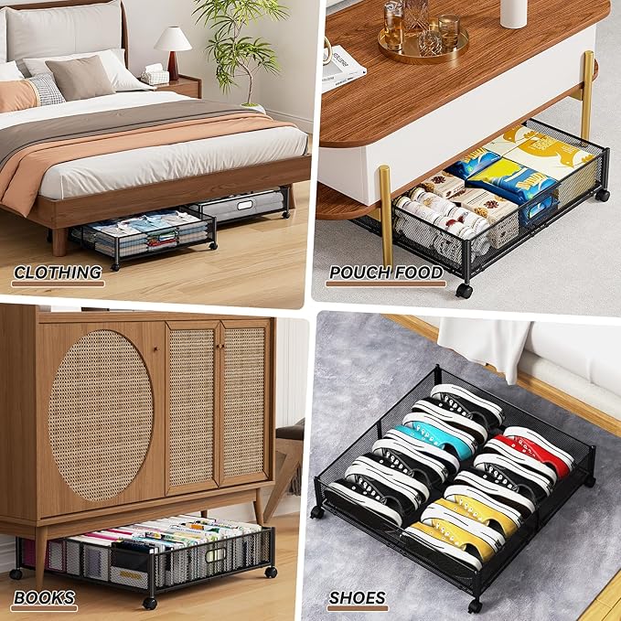 Under Bed Storage Containers with Wheels - Shoe Storage Organizer Drawer, Tool-free Assembly Metal Underbed Storage for Bedroom Clothes, Shoes, Blankets - 4Pack