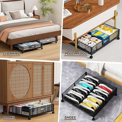 Under Bed Storage Containers with Wheels - Shoe Storage Organizer Drawer, Tool-free Assembly Metal Underbed Storage for Bedroom Clothes, Shoes, Blankets - 4Pack