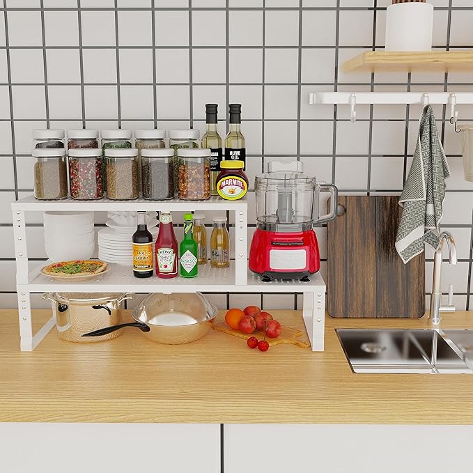 Jojocross Expandable Adjustable Stackable Kitchen Organizer, Spice Rack,Metal Pantry Storage Shelves Racks,Counter Shelf for Cabinets, Countertop, Cupboard (2 Packs/Medium/White)