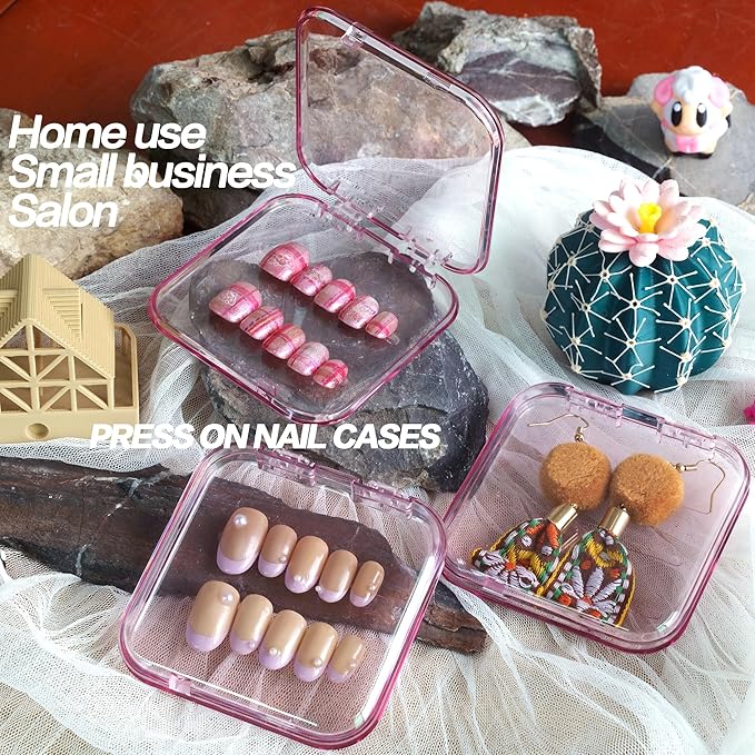 12 Pcs Press On Nail Containers 3x3in Pink Plastic Nail Tips Holder,Organizer Box with 30 Adhesive Glue Tabs for Fake Nail Display,Nail Storage Case for Salon Business & Home Use