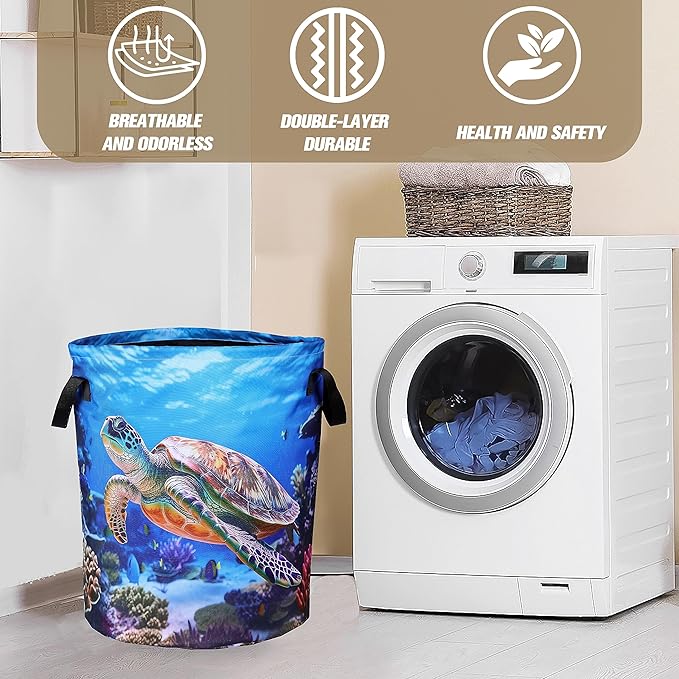 Sea Turtle Laundry Basket Animal Foldable Oxford Cloth Funny Tote Bag Laundry Hamper Clothes Storage Bucket Organizer For Bathroom/Laundry Storage/Bedroom 17.7x13.7 Inch