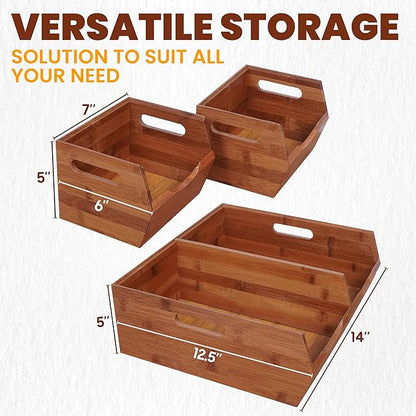 [Upgraded] 2-tier Stackable Bamboo Pantry Storage Bins, Potato and Onion Storage Baskets with Handles, Removable Divider, Pantry Organizer Holder for Kitchen, Office, Cabinet, Fruit Storage (Walnut)