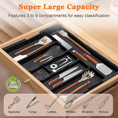 Spaclear Large Utensil Drawer Organizer Expandable Silverware Organizer for Kitchen Drawer Adjustable Cooking Utensil Holder Cutlery Flatware Tray Spatula Tools Gadgets Storage Dividers Plastic Black