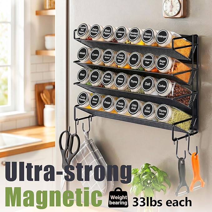 UVIAHOMI Magnetic Spice Rack Organizer for Refrigerator with 28 Spice Jars, 386 Spice Labels, 4 Hook, Chalk Marker and Funnel Set, Magnetic Shelf for Seasoning Organizer, 13.2'' W x 9.8 H, Black