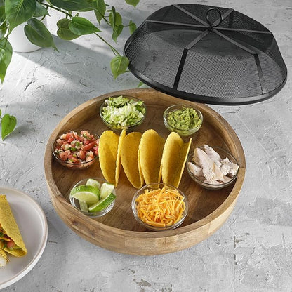 Gourmet Basics by Mikasa Mango Wood Lazy Susan with Iron Mesh Food Dome Cover, 14.5 Inch