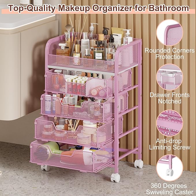 Hongtamoya Makeup Cart Organizer with 4 Drawers, Large Floor Skincare Organizers, Vanity Storage Organizer Cosmetics Display Cases for Skin Care Perfume Nail Polish, Pink
