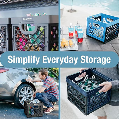 CleverMade Collapsible Milk Crate 25L (6.6 Gal), 50 lb Capacity Heavy Duty Folding Crate – Stackable Storage Crates with File Rails, Plastic Collapsible Crates - Red