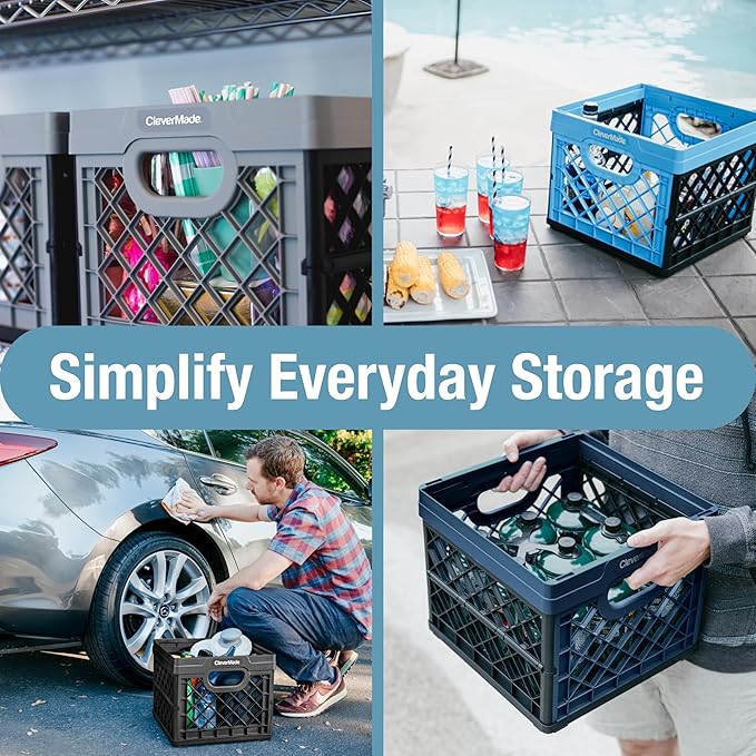 CleverMade Collapsible Milk Crate 25L (6.6 Gal) 3 Pack, 50 lb Capacity Heavy Duty Folding Crate – Stackable Storage Crates with File Rails, Plastic Collapsible Crates - Obsidian