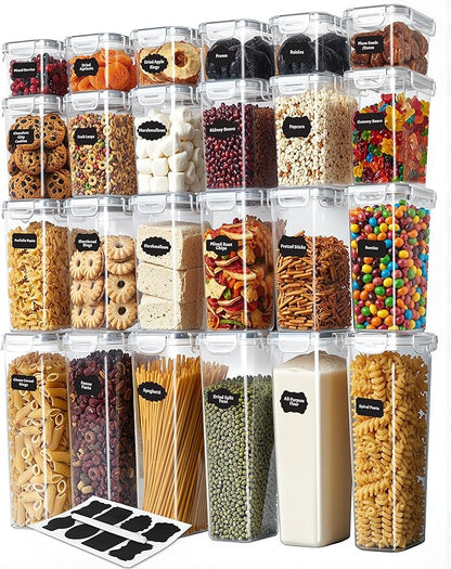 KICHLY Plastic Airtight Food Storage Containers Sets with Lids – 24 Pack BPA-Free Kitchen Pantry Organizers and Storage for Cereal, Flour, Sugar & Dry Food (Clear)