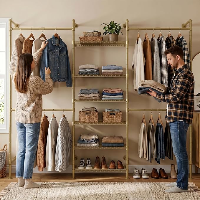 F3 Wall Mounted Closet System, Industrial Pipe Clothing Rack for Hanging Clothes, Heavy Duty Closet Organizer System, Clothes Racks with Shelves & Expandable Rod for Wardrobe, Corner, Gold