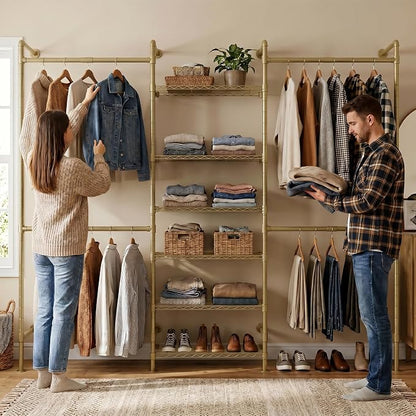 F3 Wall Mounted Closet System, Industrial Pipe Clothing Rack for Hanging Clothes, Heavy Duty Closet Organizer System, Clothes Racks with Shelves & Expandable Rod for Wardrobe, Corner, Gold