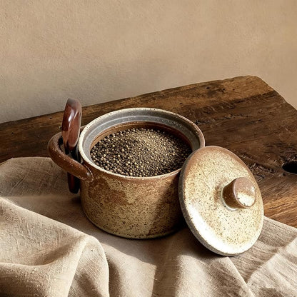 Handcrafted Speckled Ceramic Salt Cellar with Wooden Spoon, Rustic Vintage Spice Jar, Dishwasher Safe, 8.45 fl oz (Peckled Ceramic)