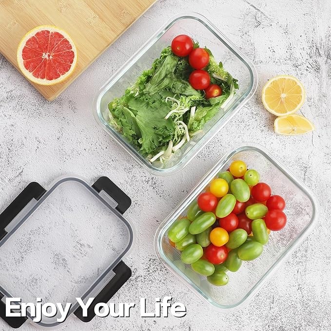 HOMBERKING 24pc Borosilicate Glass Food Storage Containers with Lids, Glass Meal Prep Containers with Leak Proof Snap Lock, Airtight Bento Lunch Boxes, Kitchen Storage (12 lids & 12 Containers)-Black