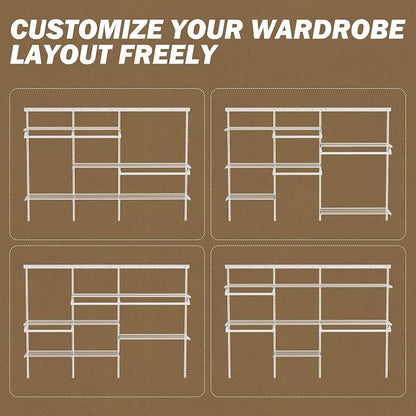 Closet System Wall Mounted 4-10.5 Ft, Heavy Duty Adjustable Wire Shelving with Hanging Rod, Custom Organizer Kit for Bedroom Laundry Mudroom, White