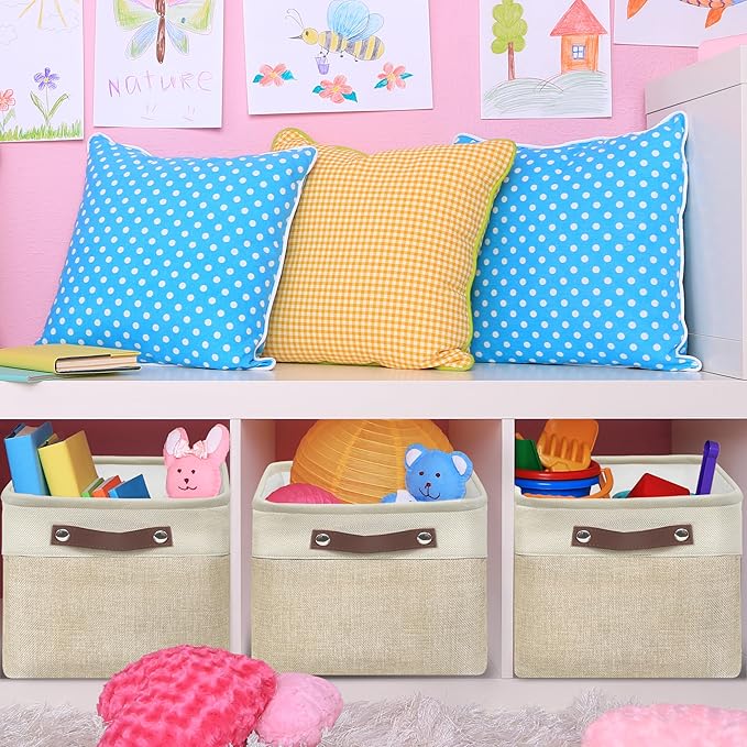 Simple Houseware 15" x 11" Large Fabric Storage Bin for Closet and Shelves, Leather Like Handles, 3 Pack, Beige