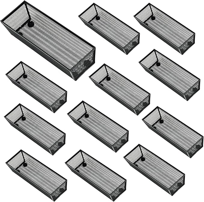 Neudeco Silverware Organizer,Mesh Drawer Organizer for Kitchen，Metal Utensil Organizer for Flatware, Knives, Spoons,Cosmetic (Black 9 * 3 * 2 inch Pack12)