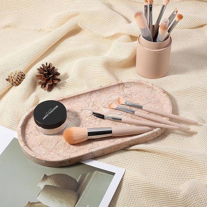 Koville Pink Marble Tray for Bathroom Countertop, Vanity Tray Stone Trays for Decor, Natural Marble Decorative Tray for Dresser Organizer, Storage Trays for Perfume, Jewelry, Cosmetics(Coquille Pink)