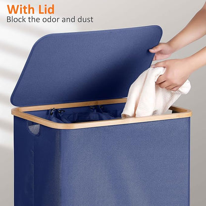 efluky Laundry Hamper with Lid, Trio Laundry Basket with 2 Removable Bags, 3 Section Laundry Bin with Bamboo Handles for Bathroom, Bedroom & Laundry Room, 160L (42.3 Gallon) Blue